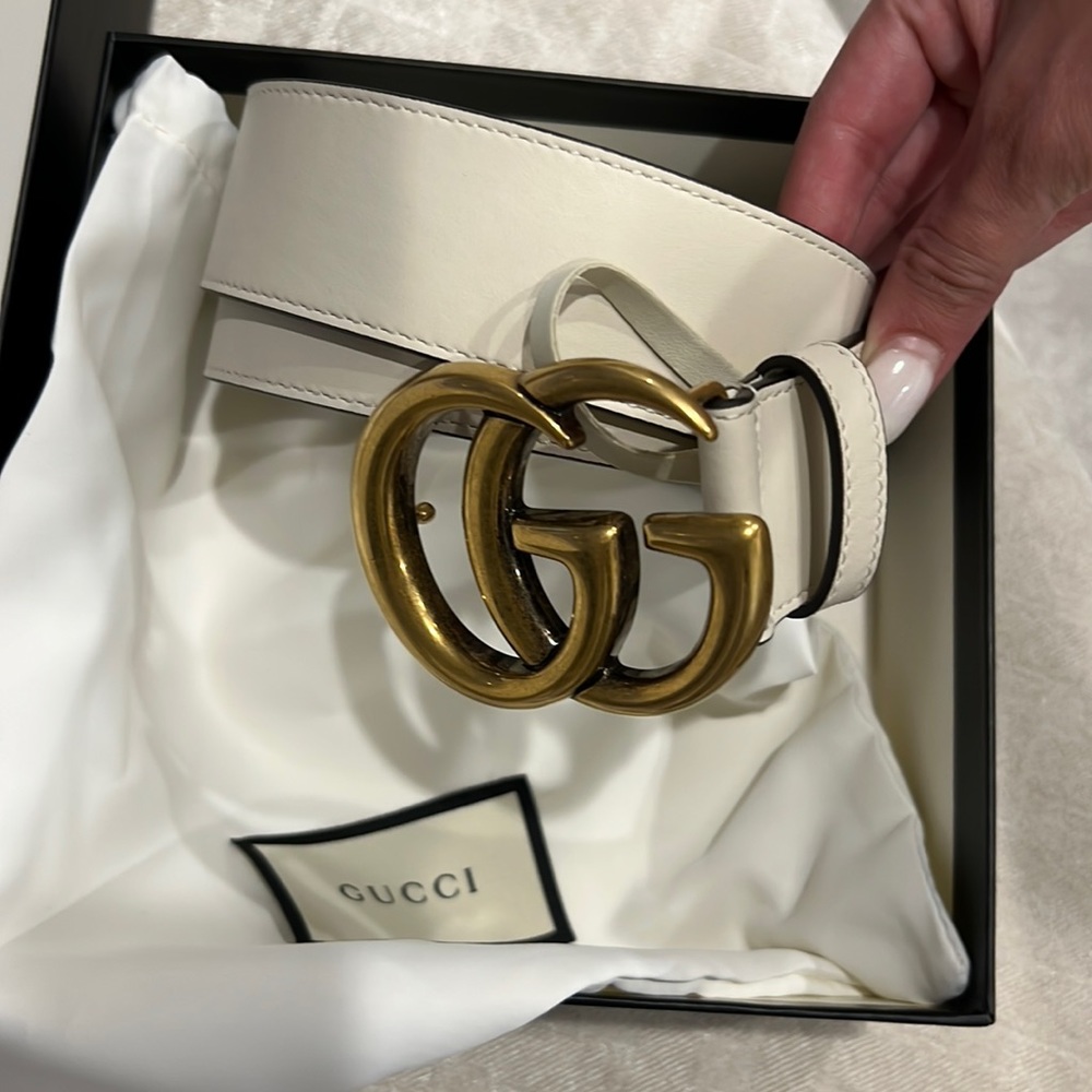 Large GG white leather belt